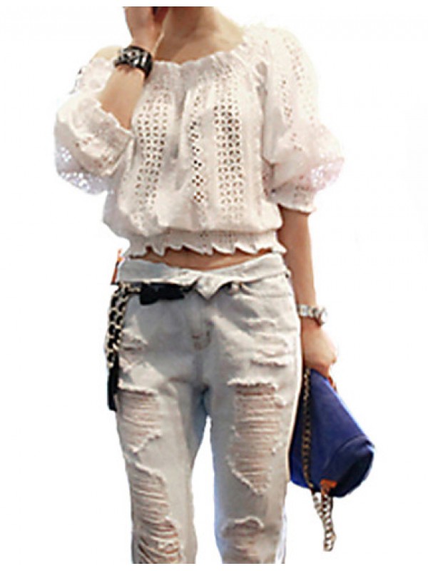 Women's Going out Sexy / Street chic Summer Blouse,Solid Boat Neck ? Length Sleeve White Rayon / Polyester Translucent