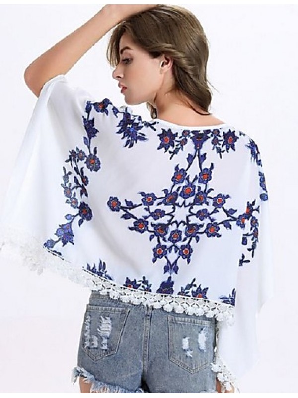 Women's Causal Loose Print Round Neck Lace Big Sleeve Blouse