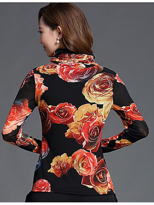 Spring/Fall Women's Casual/Daily Tops Turtleneck Long Sleeve Fashion Floral Printing Gauze Blouse Shirt