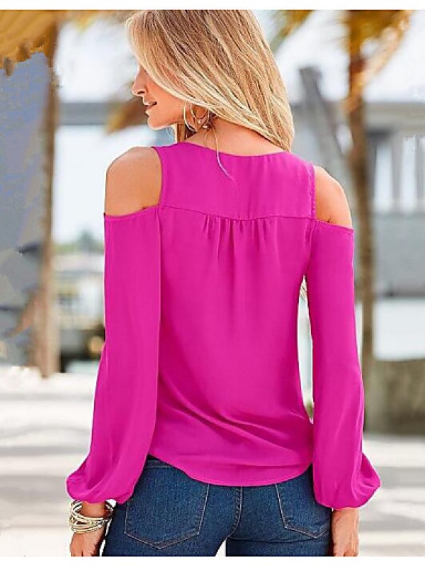 Women's Solid Sexy Off-The-Shoulder Chiffion Pink T-shirt,V Neck Long Sleeve