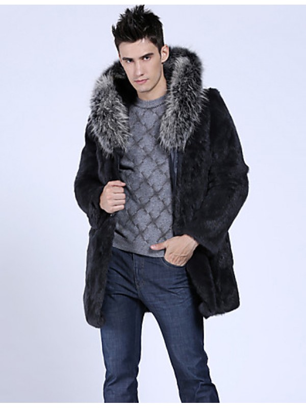 Men's Casual/Daily / Formal / Work Vintage / Street chic Hodded Fur Coat Solid Long Sleeve Winter Black Faux Fur Thick