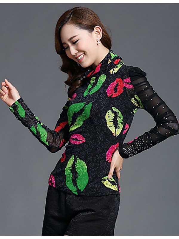 Fall Spring Going out Casual Plus Size Women's Tops Turtleneck Long Sleeve Printing Slim Blouse Black