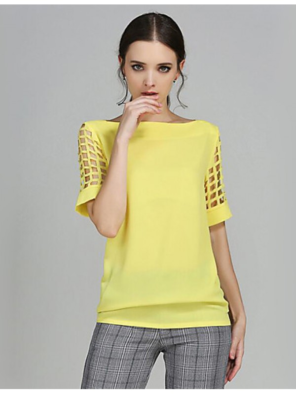 Women's Solid Yellow Blouse,Boat Neck Short Sleeve