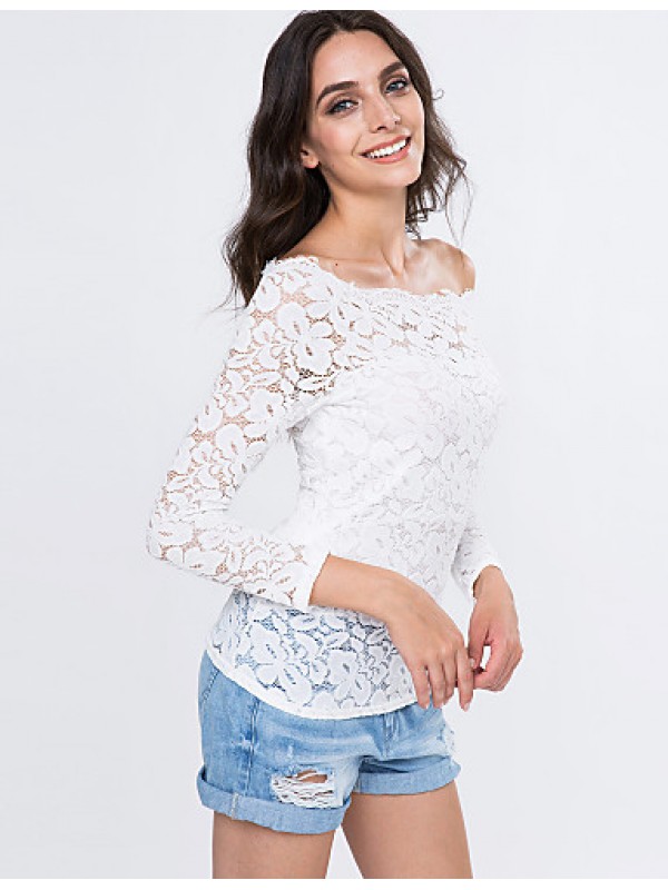 Women's Vogue Lace Bateau Long Sleeve Hollow Out Lace T-shirt