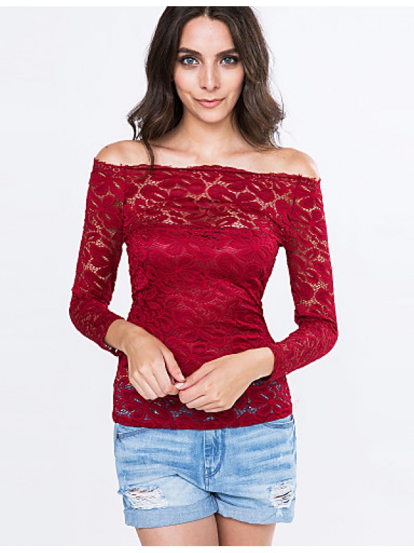 Women's Vogue Lace Bateau Long Sleeve Hollow Out Lace T-shirt