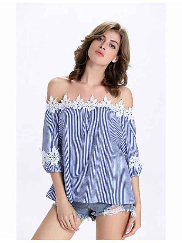 Women's Casual/Daily Street chic Summer T-shirt,Striped Boat Neck ? Sleeve Blue Nylon Medium