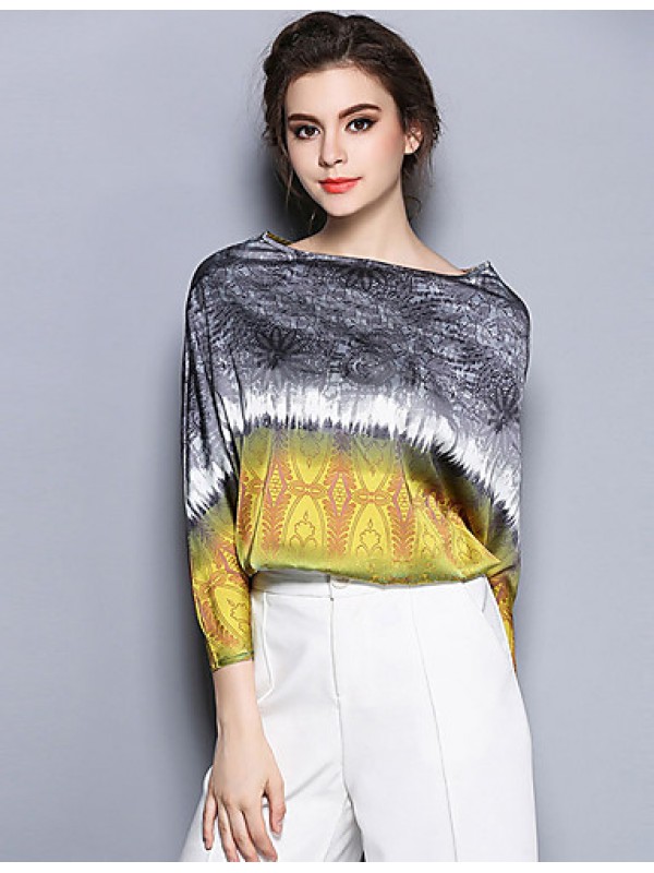 Women's Formal Simple / Sophisticated Summer Blouse,Print Boat Neck Long Sleeve Yellow Silk Thin