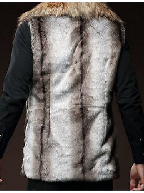 Men's Casual/Daily Street chic Fur Coat,Solid Shirt Collar Sleeveless Fall / Winter Brown Faux Fur Thick