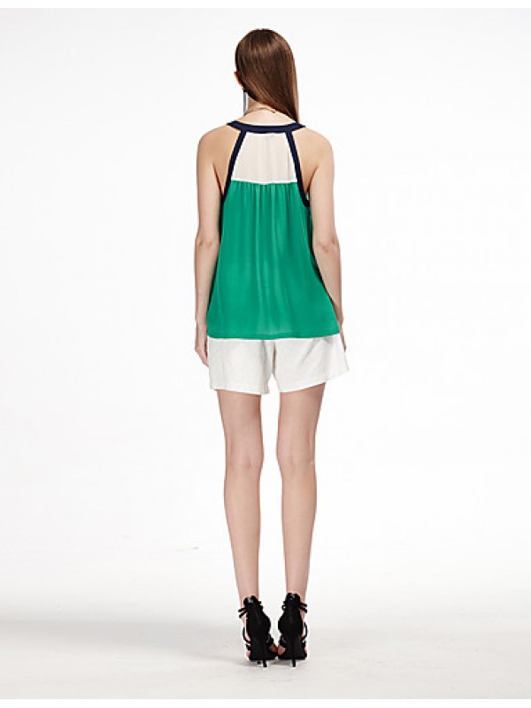 Women's Casual/Daily Simple Summer Tank Top,Patchwork Off Shoulder Sleeveless Green Polyester Thin