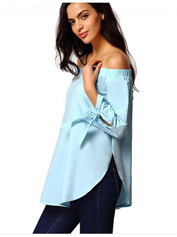 Women's Casual/Daily Street chic Summer Blouse,Solid Boat Neck Long Sleeve Blue / White / Gray Polyester Medium