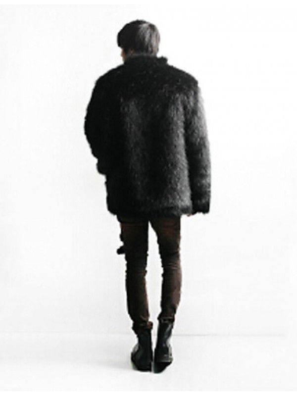 Men's Special Occasion / Plus Size / Casual/Daily Street chic / Punk & Gothic / Tops Fur Coat,Solid Shirt Collar Long Sleeve Winter Black