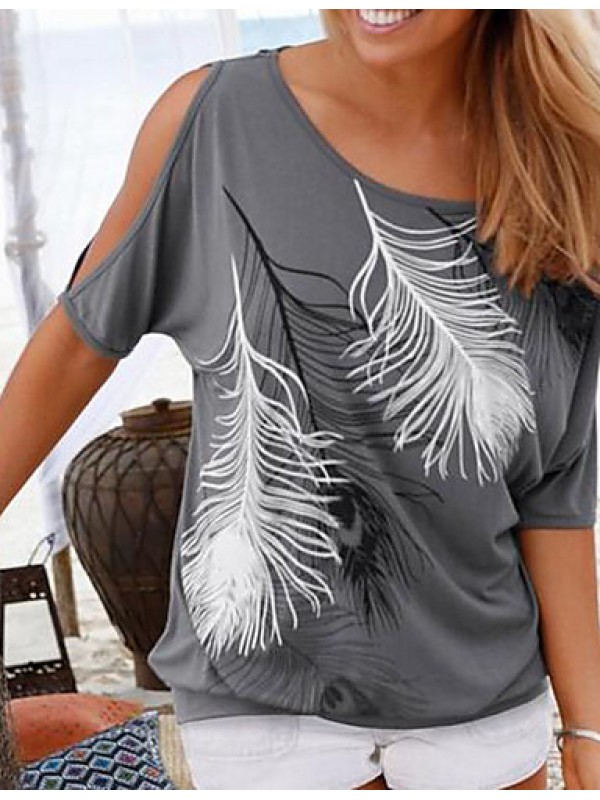 Women's Print Off-The-Shoulder All Match Hollow Out T-shirt,Round Neck Batwing Sleeve Short Sleeve