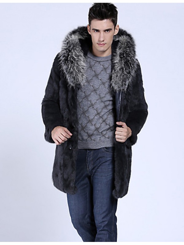 Men's Plus Size Street chic Fur Coat,Solid Hooded Long Sleeve Winter Black Faux Fur Thick