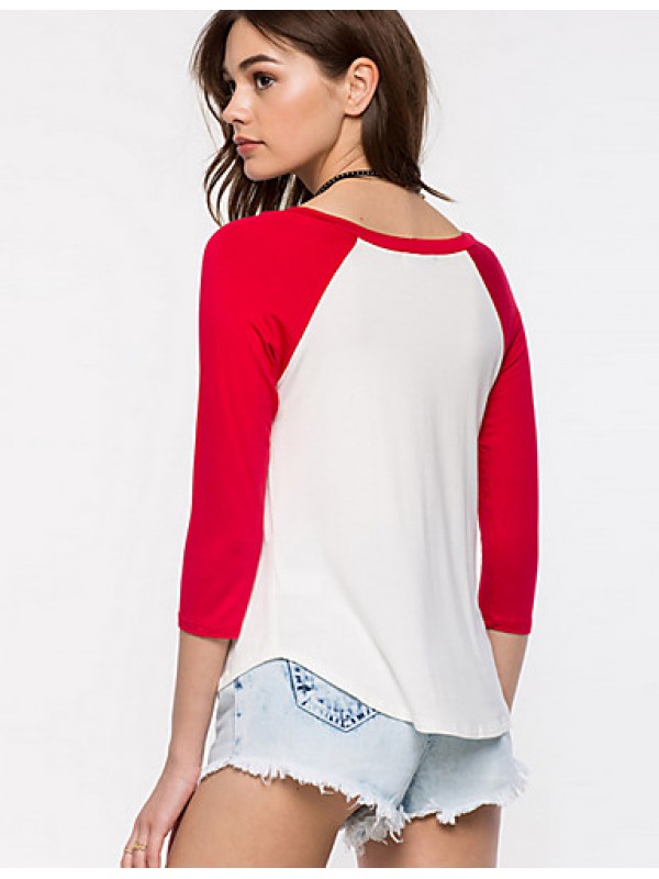 Women's Casual/Daily Street chic Summer / Fall T-shirt,Print Round Neck ? Sleeve Red / Black Cotton Thin