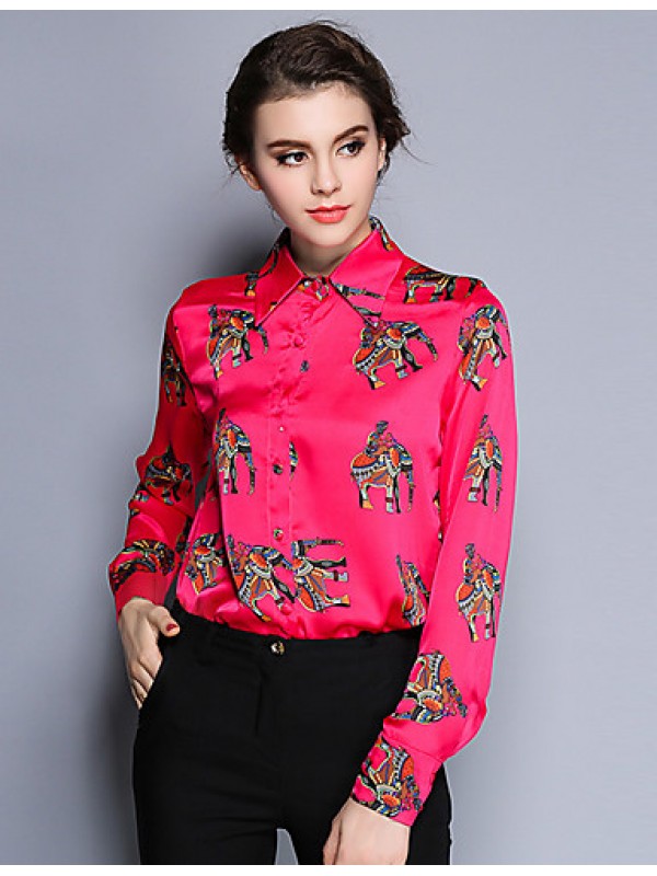 Women's Work Vintage Spring ShirtAnimal Print Shirt Collar Long Sleeve Red /