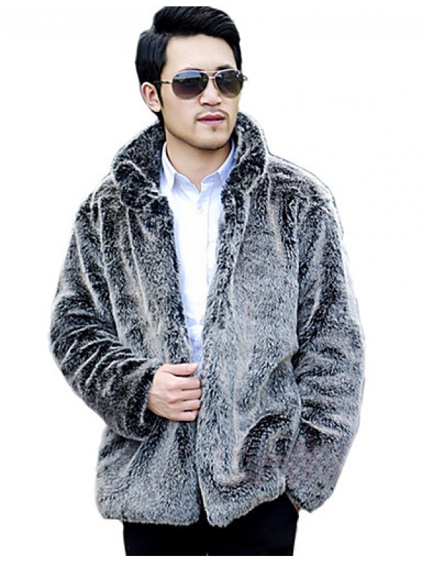 Men's Solid Casual / Plus Sizes Coat,Faux Fur Long Sleeve-Gray