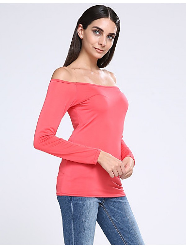 Women's Casual/Daily Simple Fall T-shirt,Solid Boat Neck Long Sleeve Red / White / Black Cotton Opaque