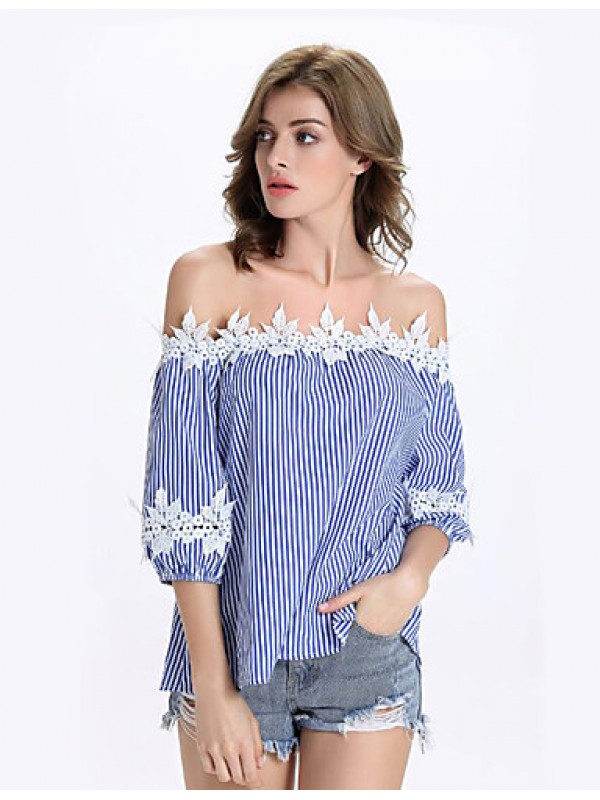 Women's Casual/Daily Street chic Summer T-shirt,Striped Boat Neck ? Sleeve Blue Nylon Medium