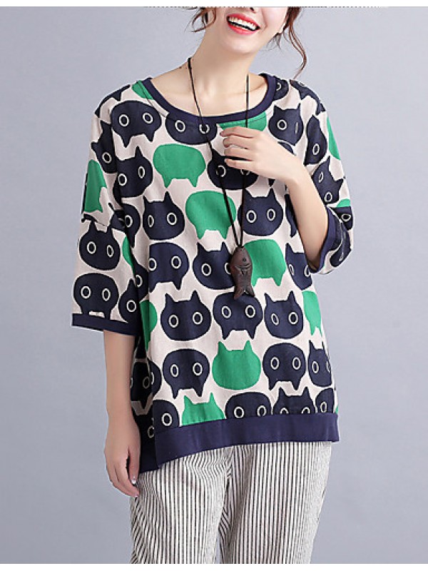 Women's Casual/Daily Cute / Street chic Spring / Fall T-shirt Print Round NeckSleeve Green Cotton / Linen Medium