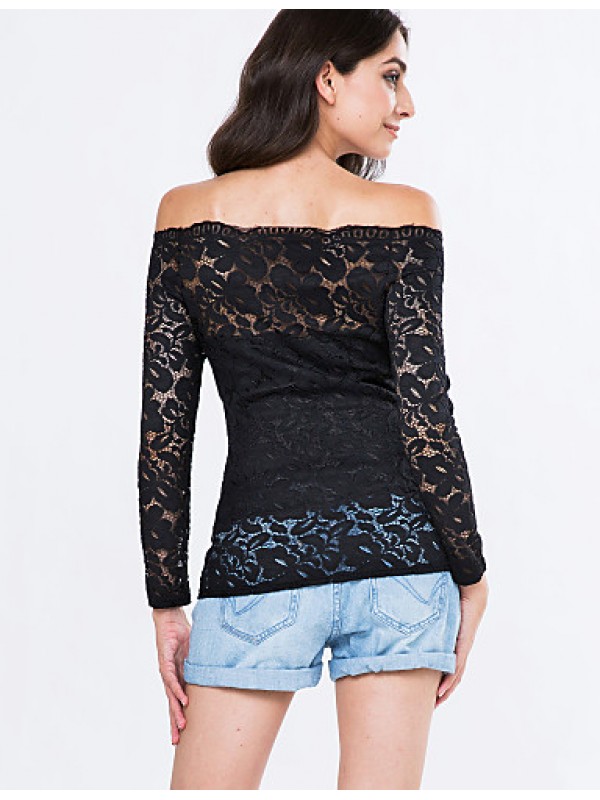 Women's Vogue Lace Bateau Long Sleeve Hollow Out Lace T-shirt