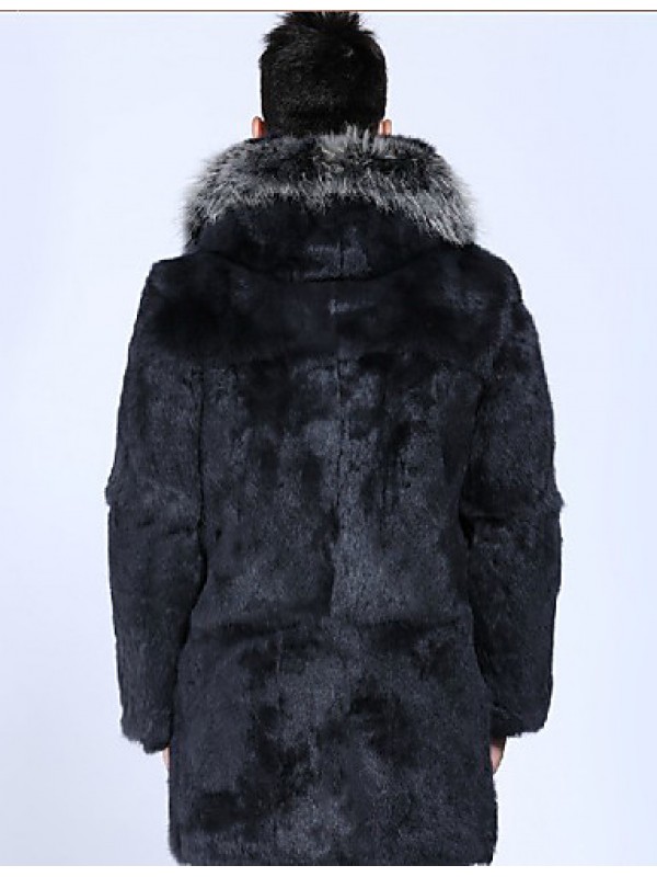 Men's Plus Size Street chic Fur Coat,Solid Hooded Long Sleeve Winter Black Faux Fur Thick