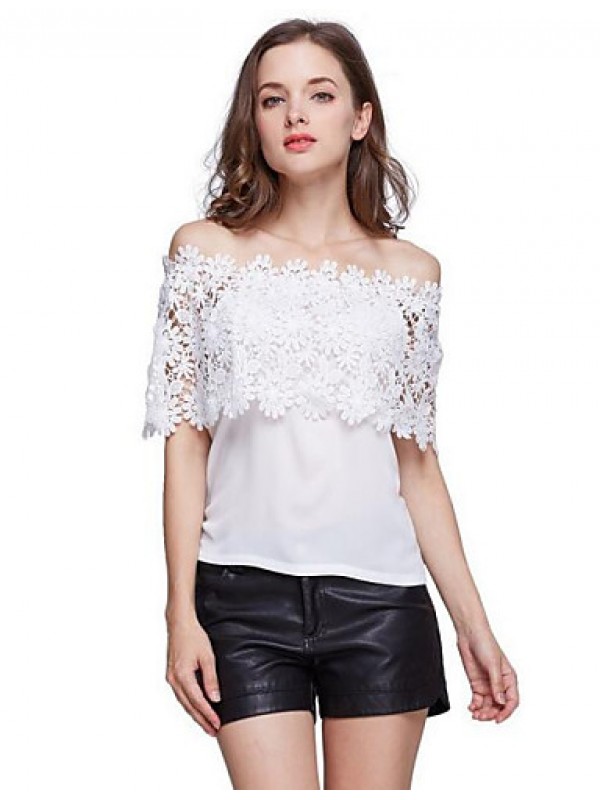 Women's Patchwork Lace All Match Sexy Cut Out T-shirt,Boat Neck Short Sleeve