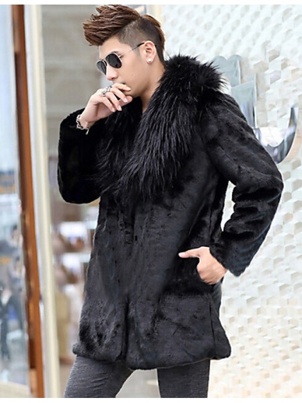 Men's Special Occasion / Plus Size / Casual/Daily Street chic / Punk & Gothic / Tops Fur Coat,Solid Shirt Collar Long Sleeve Winter Black