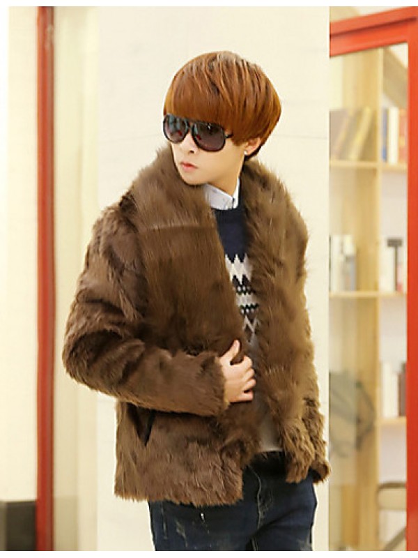 Men's Casual/Daily Simple Coat,Solid V Neck Long Sleeve Winter Black / Brown Faux Fur Thick