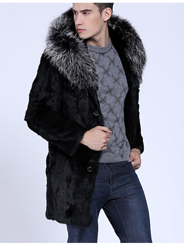 Men's Casual/Daily Simple Fur Coat,Solid Hooded Long Sleeve Winter Black Faux Fur Thick