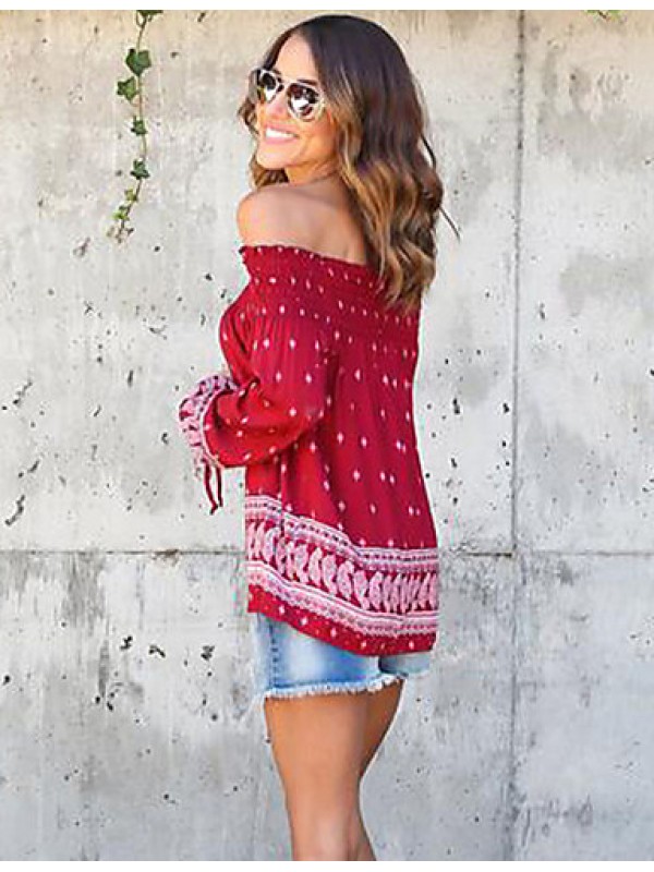 Women's Casual/Daily Sexy / Street chic Backless Bandage Spring / Fall T-shirt Print Boat Neck Long Sleeve Red