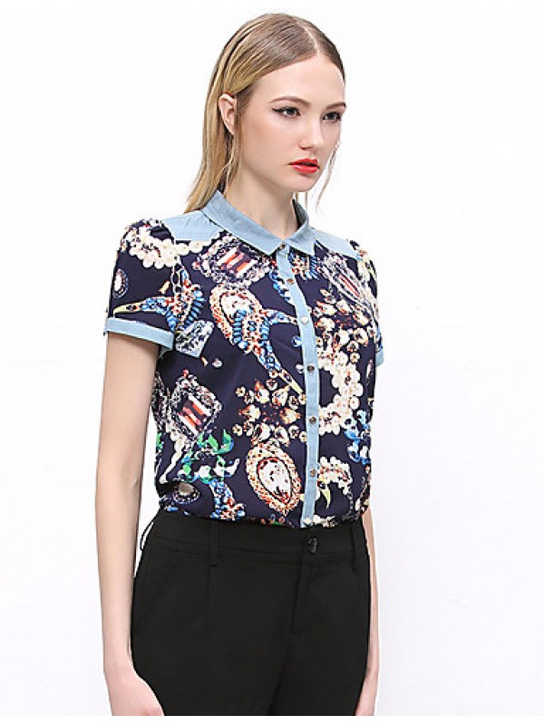 Women's Going out Vintage Summer ShirtPrint Shirt Collar Short Sleeve Blue / Green Cotton / Polyester Opaque