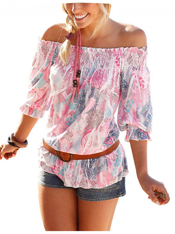 Women's Floral Pink T-shirt,Boat Neck ? Sleeve Print Randomly