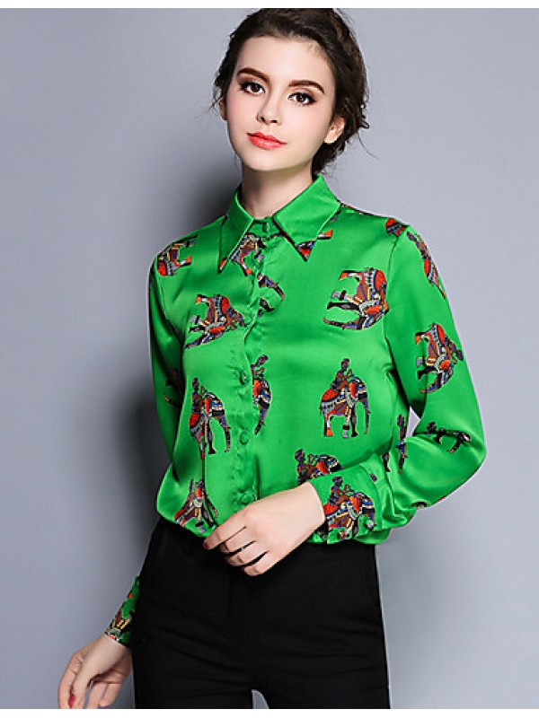 Women's Work Vintage Spring ShirtAnimal Print Shirt Collar Long Sleeve Red /