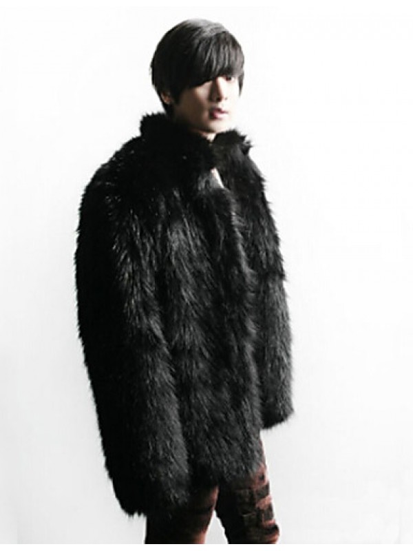 Men's Special Occasion / Plus Size / Casual/Daily Street chic / Punk & Gothic / Tops Fur Coat,Solid Shirt Collar Long Sleeve Winter Black