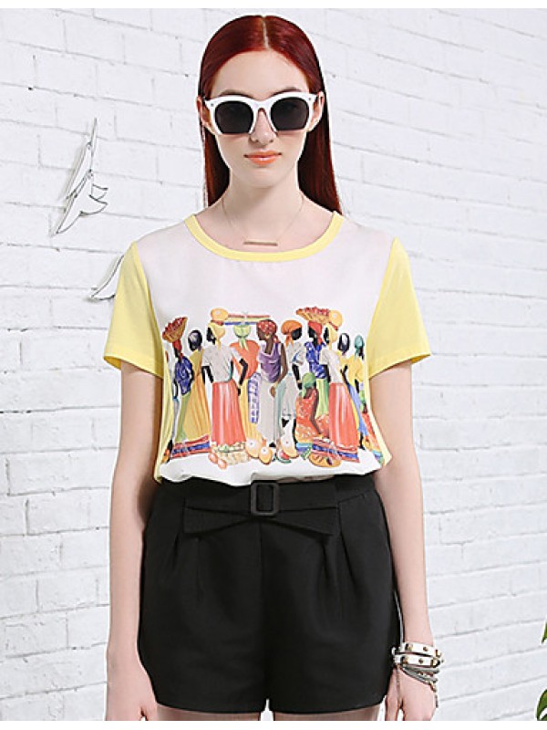 Women's Casual/Daily Vintage Summer T-shirtPrint / Color Block Round Neck Short Sleeve