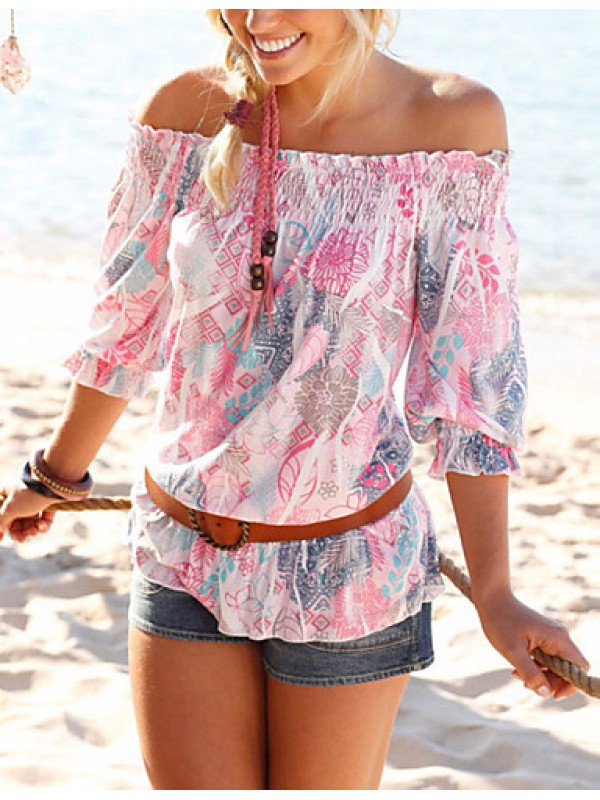 Women's Floral Pink T-shirt,Boat Neck ? Sleeve Print Randomly