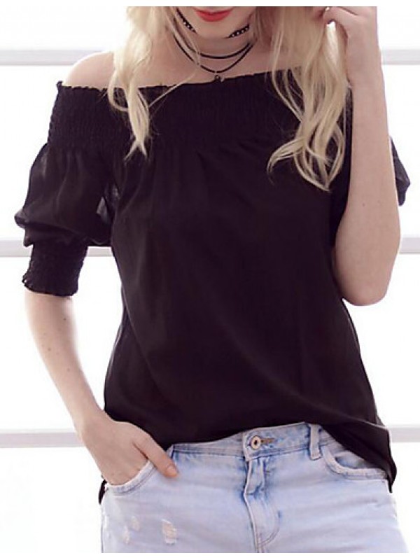 Women's Solid Racerback Chiffion Casual Street chic All Match Off-The-Shoulder Fashion Blouse ,Boat Neck Short Sleeve