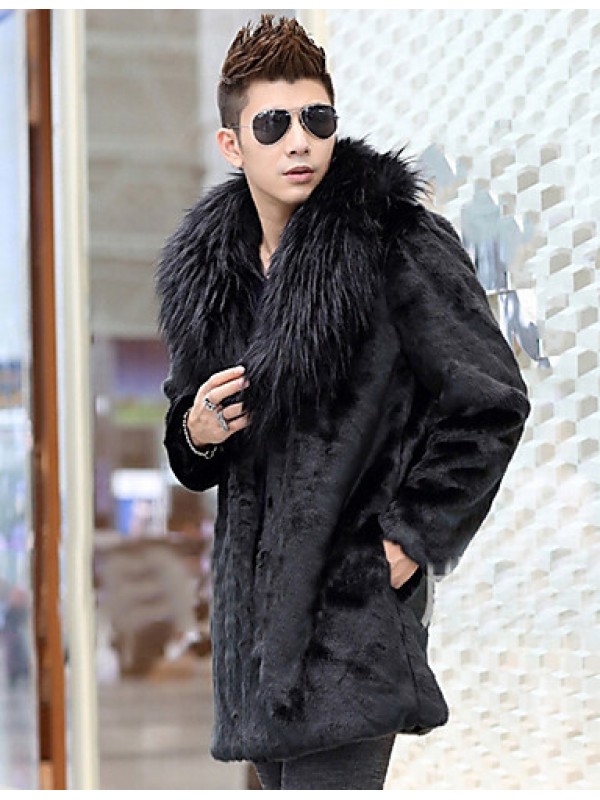 Men's Special Occasion / Plus Size / Casual/Daily Street chic / Punk & Gothic / Tops Fur Coat,Solid Shirt Collar Long Sleeve Winter Black