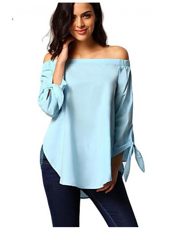 Women's Casual/Daily Street chic Summer Blouse,Solid Boat Neck Long Sleeve Blue / White / Gray Polyester Medium