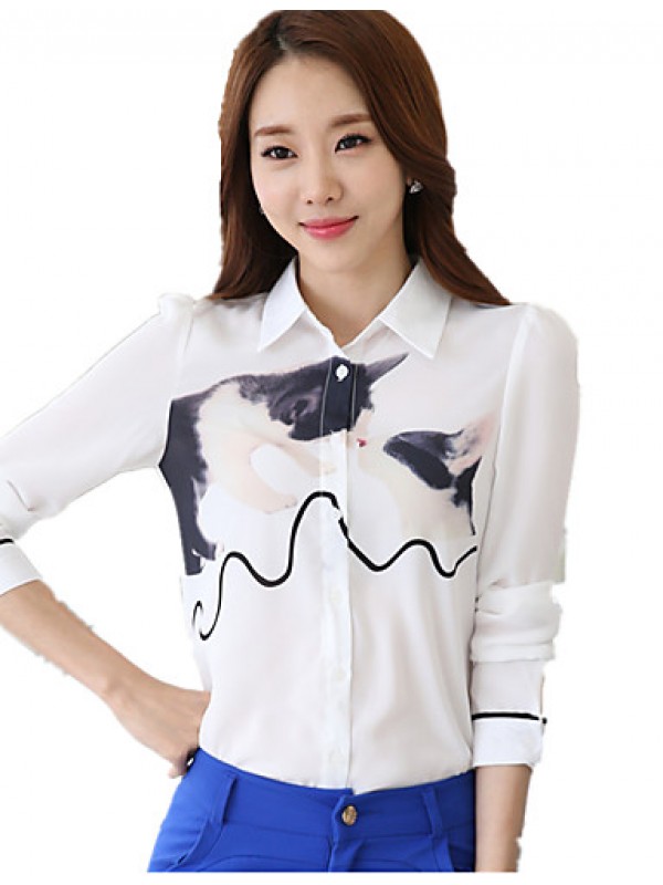 Women's Wild Cartoon Cat Print Plus Size Long Sleeve Chiffon Shirt