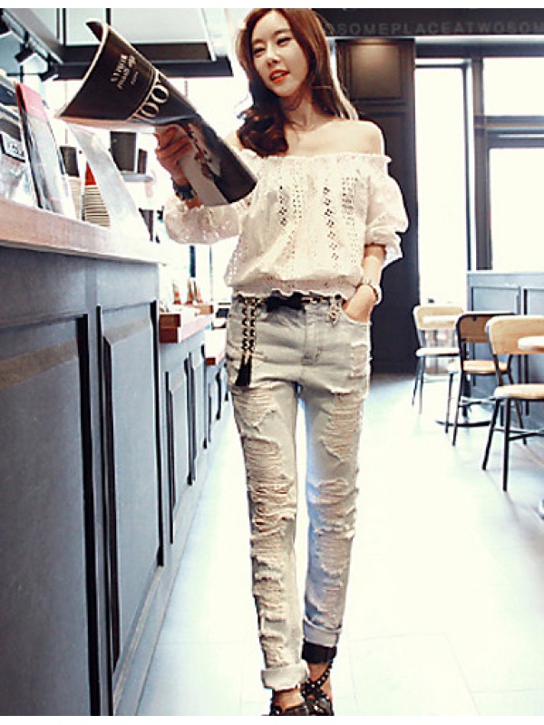 Women's Going out Sexy / Street chic Summer Blouse,Solid Boat Neck ? Length Sleeve White Rayon / Polyester Translucent