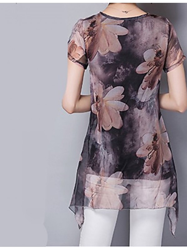 Women's Going out / Casual/Daily Street chic ,Print Round Neck Short Sleeve Brown Polyester Thin