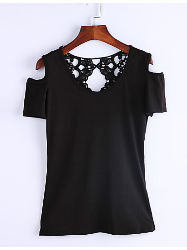 Women's Solid Patchwork Lace Hollow Out Off Shoulder All Match T-shirt,Round Neck Short Sleeve