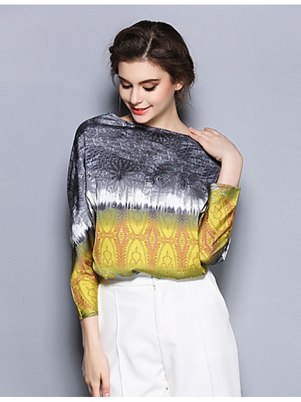 Women's Formal Simple / Sophisticated Summer Blouse,Print Boat Neck Long Sleeve Yellow Silk Thin