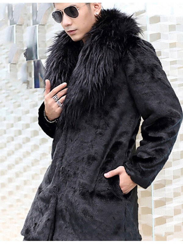 Men's Special Occasion / Plus Size / Casual/Daily Street chic / Punk & Gothic / Tops Fur Coat,Solid Shirt Collar Long Sleeve Winter Black