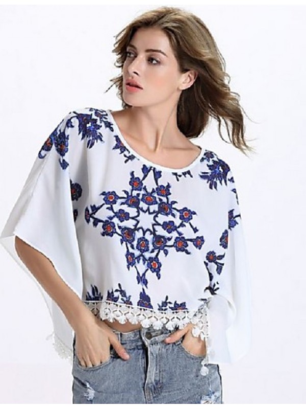 Women's Causal Loose Print Round Neck Lace Big Sleeve Blouse