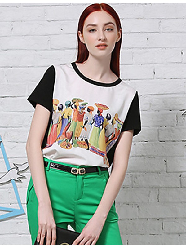 Women's Casual/Daily Vintage Summer T-shirtPrint / Color Block Round Neck Short Sleeve