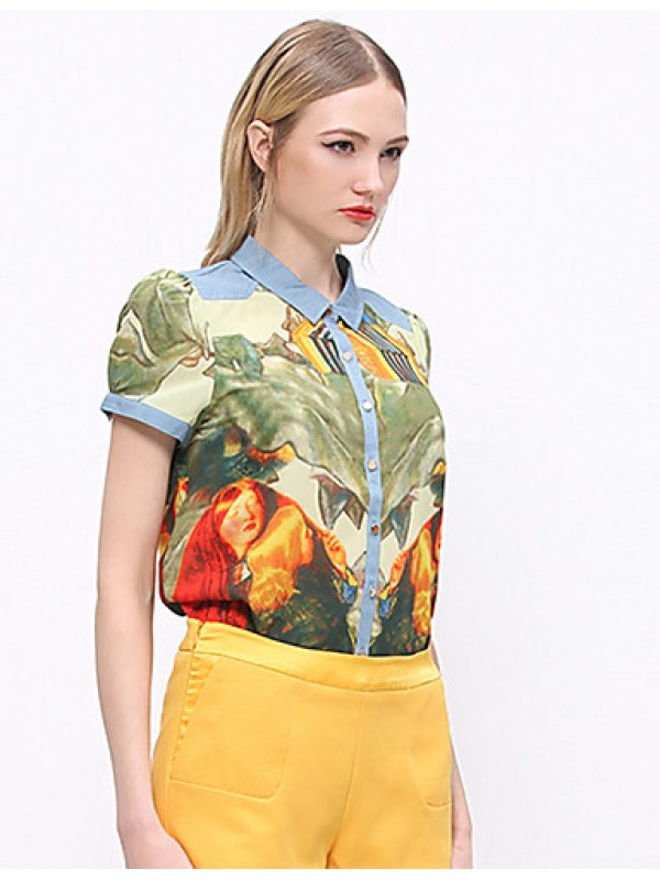 Women's Going out Vintage Summer ShirtPrint Shirt Collar Short Sleeve Blue / Green Cotton / Polyester Opaque