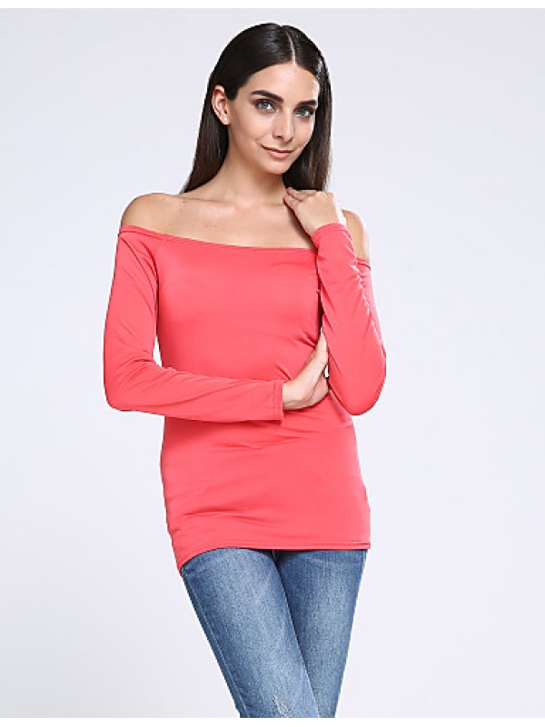 Women's Casual/Daily Simple Fall T-shirt,Solid Boat Neck Long Sleeve Red / White / Black Cotton Opaque