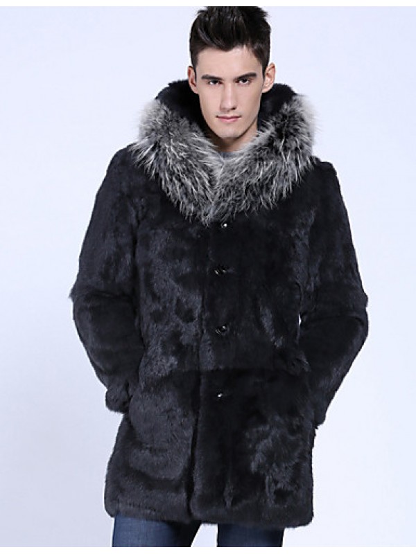 Men's Plus Size Street chic Fur Coat,Solid Hooded Long Sleeve Winter Black Faux Fur Thick